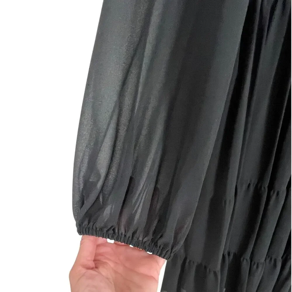 Ieena Mac Duggal Ruched V-Neck Tiered Midi Dress Chiffon Black Sz 14 NWT Chic